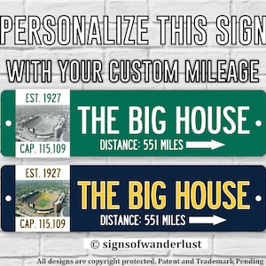 The Big House Michigan Stadium | University of Michigan Wolverines Football | Custom Highway Sign | Personalize Distance to The Big House |