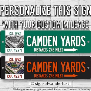 Camden Yards Custom Street Sign for Baltimore Orioles Fan, Personalize Distance to Oriole Park, Baltimore Fan, O&#39;s Fan, Baseball