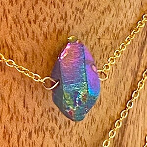Rainbow Aura Quartz Crystal Necklace, September Birthstone, Gemstone Layering Necklace, Raw Gemstone Necklace