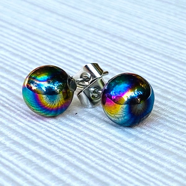 8m Rainbow Hematite Earring or Bracelet , Ball Stud Earring, Hematite Bead, Rainbow Jewelry, Round Earrings