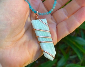 Amazonite Bead Choker Necklace,  Amazonite Crystal Point Pendant, Wire Wrapped Necklace, Handmade Necklace