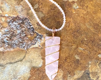 Rose Quartz Necklace, Rose Quartz Crystal Point Pendant, Choker Necklace,