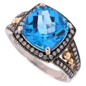 SSilver Swiss Blue Topaz Sq .25ctw Diamond Rd Two-Tone Ring