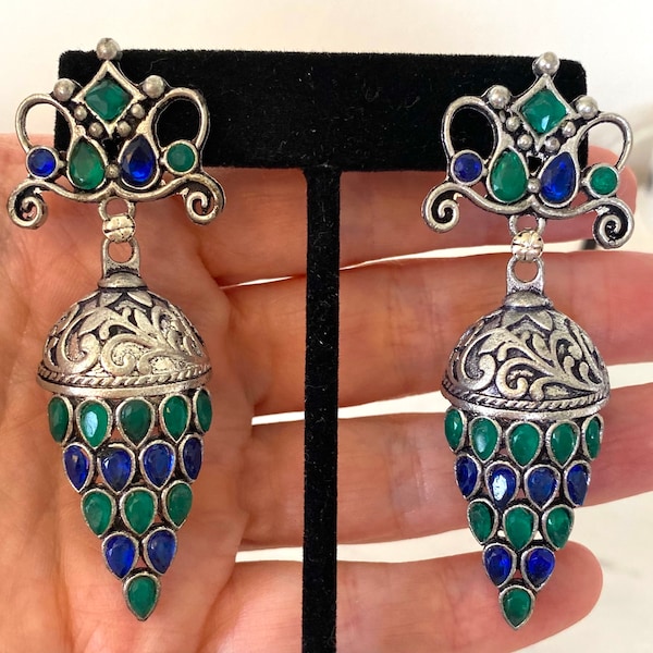 Silver Emerald and Sapphire Statement Dangle Earrings, Ethnic Chandelier Earrings,  Gypsy Earrings