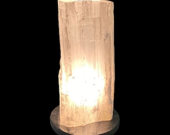 Large Selenite CHUNK Lamp with FOSSIL stone base, Crystal Lamp, Metaphysical Decor, FREE Cord & Light