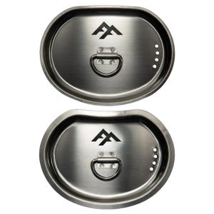 May include: Two stainless steel oval-shaped lids with a handle and a logo. Each lid has a brushed metal finish, a D-shaped handle, and a logo in the centre. The lids are designed for outdoor use.
