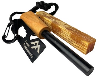 Artisan Fire Starter™ | Ferro Rod Fire Steel & Striker | Fatwood Tinder |  Handmade, Wood-Turned Handle, Cowhide Lanyard | Bushcraft Camping