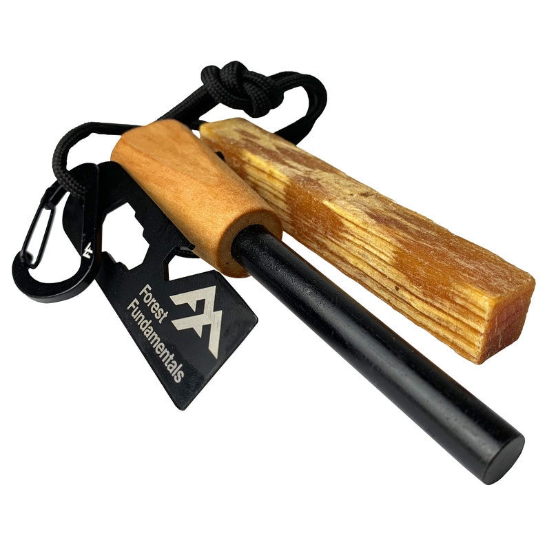 Artisan Fire Starter™ Ferro Rod Fire Steel & Striker Fatwood Tinder Handmade, Wood-Turned Handle, Cowhide Lanyard Bushcraft Camping image 1