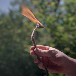 Op de afbeelding: Een brandende lont met een helder oranje vlam, vastgehouden door een hand. De lont is bruin en gedraaid. De achtergrond is een wazig groen bladerdak.