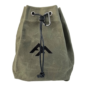 May include: A green canvas drawstring bag with a black mountain logo and a black drawstring with a silver carabiner clip.