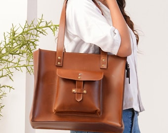 Echte leren draagtas voor dames met laptopvak voor op kantoor werkende moeders Moederdagcadeau, gepersonaliseerde leren tas voor moeder