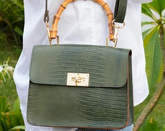 Luxury Leather Handbag with Bamboo Handle Leather Purse Leather Crossbody Bag cowhide Purse Crocodile Green Leather Bag Christmas Gift