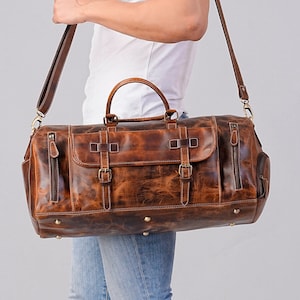 Sac de sport en cuir avec compartiment à chaussures Sac de voyage de vacances Sac de week-end pour homme Sac de bagage à main Cadeau de Saint-Valentin pour mari