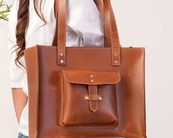 16" leather laptop bag large tote bag with outside Charger pocket women Leather Briefcase with long handles personalized Christmas Gift