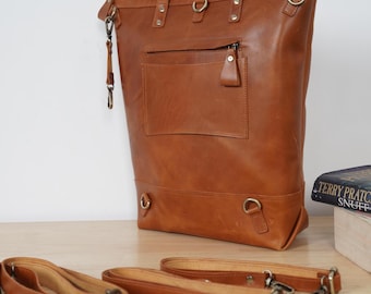 Omvormbare leren rugzaktas: 16-inch laptoptas met trolleyhoes
