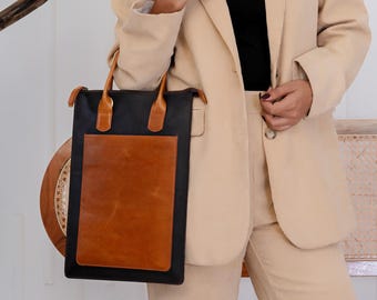 Leather Laptop Bag for MacBook Men Women, Slim Briefcase Messenger Work Bag, Personalized Gift for Him M1 M2 M3 Mac book pro