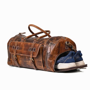 Leather Duffle Bag with Shoe Compartment Vacation Travel Duffel Bag Men’s Weekender Bag Carry-on Luggage Bag Personalized Gift for Husband