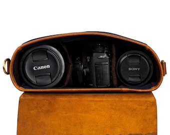May include: Open leather camera bag with a Canon lens cap on the left and a Sony lens cap on the right. A black camera body is in the center. The bag is brown with a blue interior.