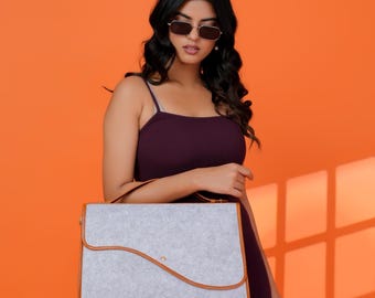 Leather and Felt laptop bag leather Messenger Bag Felt Laptop briefcase MacBook Bag For M1 M2 M3 M4 Business Leather Bag For Christmas Gift