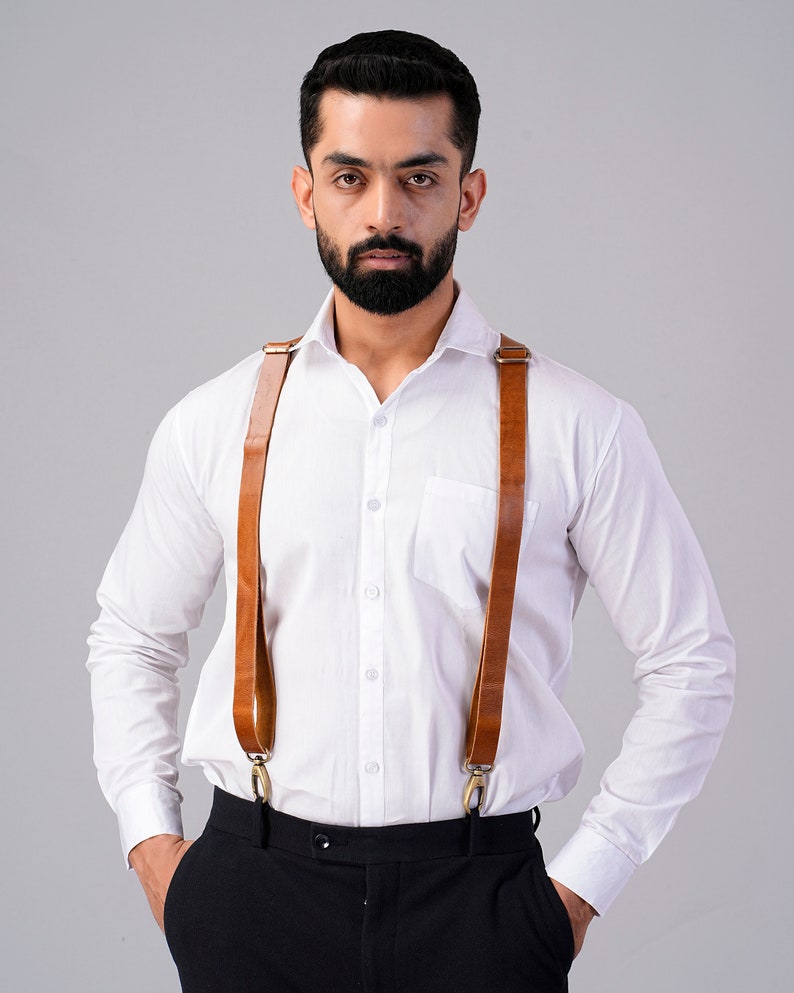 Leather Suspenders Personalized Mens Leather Suspenders Groomsmen Gift Wedding Suspenders Brown Leather Adjustable suspenders for adults image 3