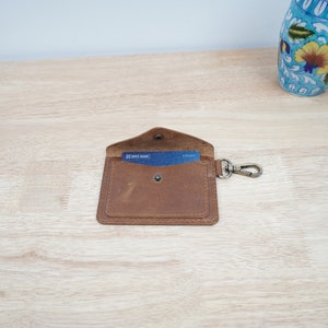 May include: A brown leather wallet with a card slot and a metal key ring. The wallet is open and a blue card is visible inside.