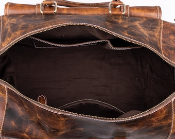Handmade Full Grain Leather Duffle Bag – Weekender Travel Bag with Shoe Compartment