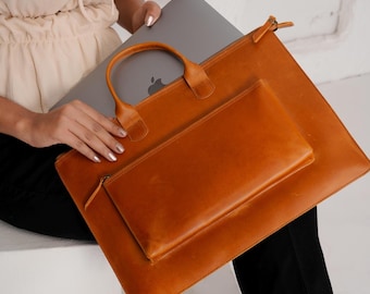 Leather laptop bag Women Leather Laptop briefcase MacBook Bag For M1 M2 M3 Business Leather Bag leather satchel Messenger For Christmas Gift
