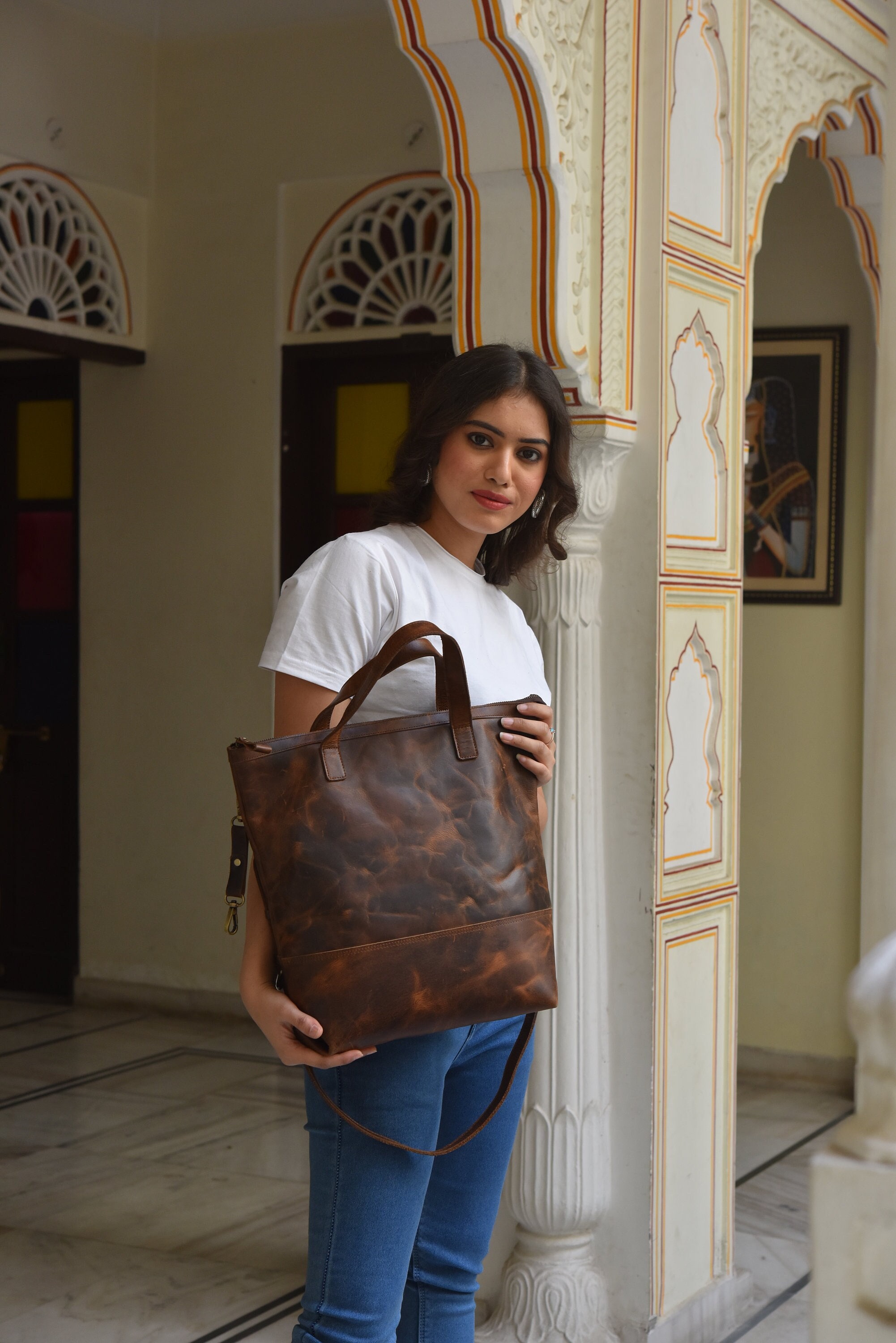 Faux Leather Convertible Laptop Backpack Tote Bag 16 inch Large Convertible Leather Backpack Tote: Dark Brown Laptop  main image 3