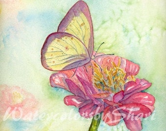 Pink Zinnia and Butterfly Watercolor Print by Shari Kuhn--Floral Artwork, Wall Art, Bloom Art, Flower Paintings, Gift, Farmhouse Art