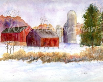 Winter Farm Watercolor Print, Watercolor Landscape, Snowy Winter Art, Seasonal Gift Ideas, Red Barn, Holiday, Shari Kuhn Art