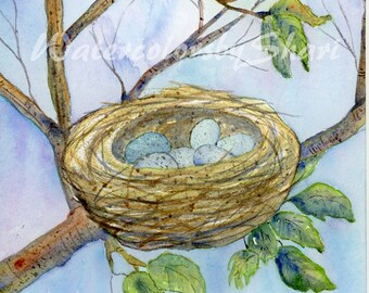 Birds Nest Watercolor Print by Shari Kuhn-- Birds Nest Art, Nest with Eggs, Nest on Branch, Wall Art, Home Decor, Nature Painting, Bird Art