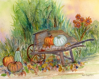 Pumpkin Watercolor Print by Shari Kuhn -- Vintage Harvest, Wheelbarrow Art, Fall Landscape Art, Pumpkin Wall Art, Rustic Farmhouse Decor