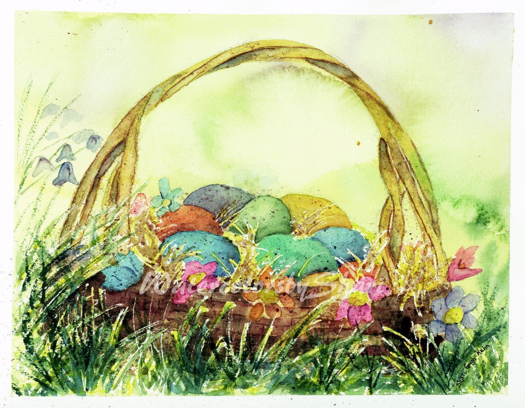 Easter Basket and Eggs Watercolor Print by Shari Kuhn -- Easter Eggs ...