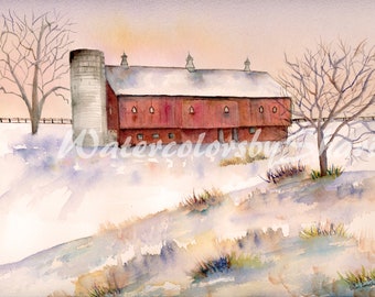 Snowy Barn Watercolor Print by Shari Kuhn -- Frederick Farm, Gift Ideas, Winter Landscape, Snowy Farm, Winter Watercolor Painting, Farm Art