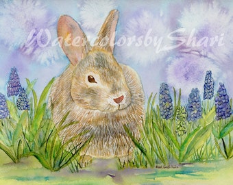 Bunny Watercolor Print by Shari Kuhn -- Rabbit Artwork, Bunny and Flowers Art, Grape Hyacinths, Spring Art, Rabbit Watercolor, Gift ideas