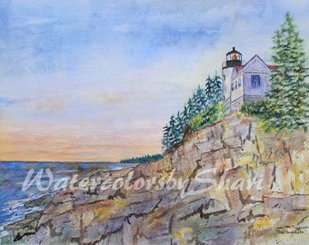 Bass Harbor Lighthouse Print by Shari Kuhn--Lighthouse Watercolor, Maine Lighthouse Print, Bass Harbor Painting, Lighthouse Wall Art,