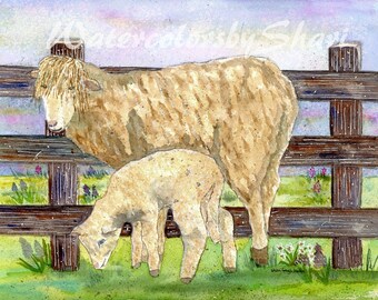 Lamb Watercolor Print by Shari Kuhn -- Sheep Artwork, Lamb Painting, Spring Art, Sheep Painting, Animal Nursery Print, Gift Ideas, Wall Art