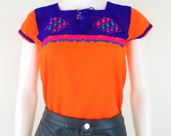 Embroidered Mexican Blouse, Embroidered Blouse Handmade Orange - Blue