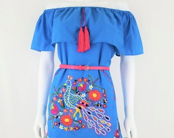 Embroidered Mexican Dress, Open-Shoulder Floral Embroidered Dress