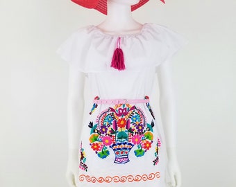 Embroidered Mexican Dress, Open-Shoulder Floral Embroidered Dress