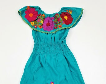 Embroidered Mexican Dress, Floral Embroidered Elastic Dress Handmade