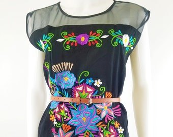 Embroidered Mexican Dress, Oaxaca dress, Floral Embroidered Chiffon Dress