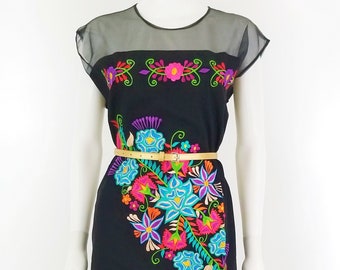 Embroidered Mexican Dress, Oaxaca dress, Floral Embroidered Chiffon Dress Black - Pink