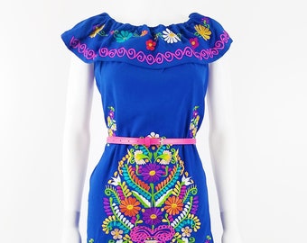 Embroidered Mexican Dress, Open-Shoulder Floral Embroidered Dress