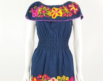 Embroidered Mexican Dress, Floral Embroidered Elastic Dress Handmade