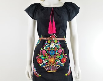 Embroidered Mexican Dress, Open-Shoulder Floral Embroidered Dress