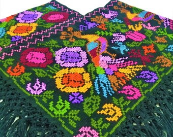 Embroidered Mexican Poncho, Mexican embroidery Poncho made by artisans, Floral Mexican Poncho