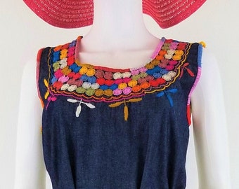 Embroidered Mexican Denim Dress, Line Dots Embroidered Dress Handmade