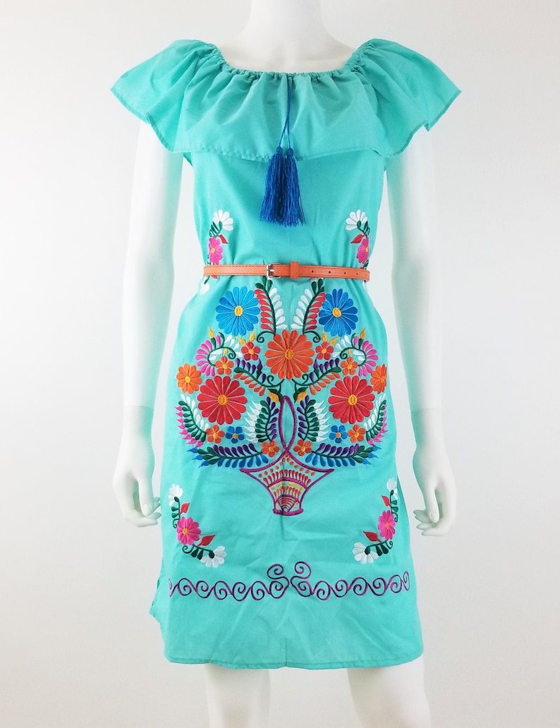 Embroidered Mexican Dress, Open-Shoulder Floral Embroidered Dress image 1