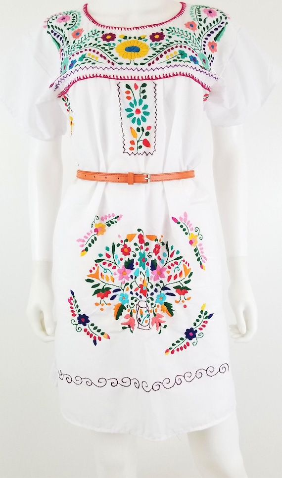 Embroidered Mexican Dress, Floral Embroidered Fit-Flare Dress Handmade Embroidered Mexican Dress, Floral Embroidered Fit-Flare Dress Handmade